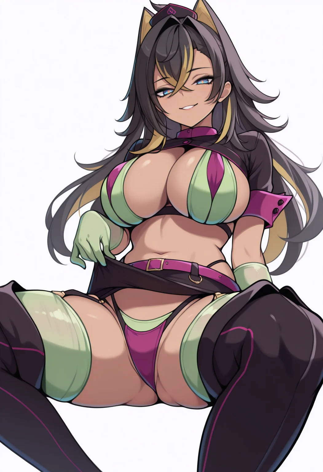 masterpiece, best quality, newest, black headwear, nurse cap, revealing clothes, shrug \(clothing\), layered bikini, green bikini, purple bikini, green gloves, rubber gloves, black skirt, microskirt, purple belt, green thighhighs, thighhighs under boots, garter straps, black footwear, thigh boots, navel, cleavage, solo, 1girl, d3hya, dark-skinned female, seductive smile, looking at viewer, sitting, invisible chair, spread legs, skirt lift, lifting own clothes, long hair, streaked hair, black hair, blonde hair, hair between eyes, crossed bangs, hair intakes, hair ears, pointy hair, blue eyes, yellow pupils, large breasts, simple background, white background
<segment:yolo-Anzhc Face seg 640 v2 y8n.pt,0.4,0.5//cid=1>