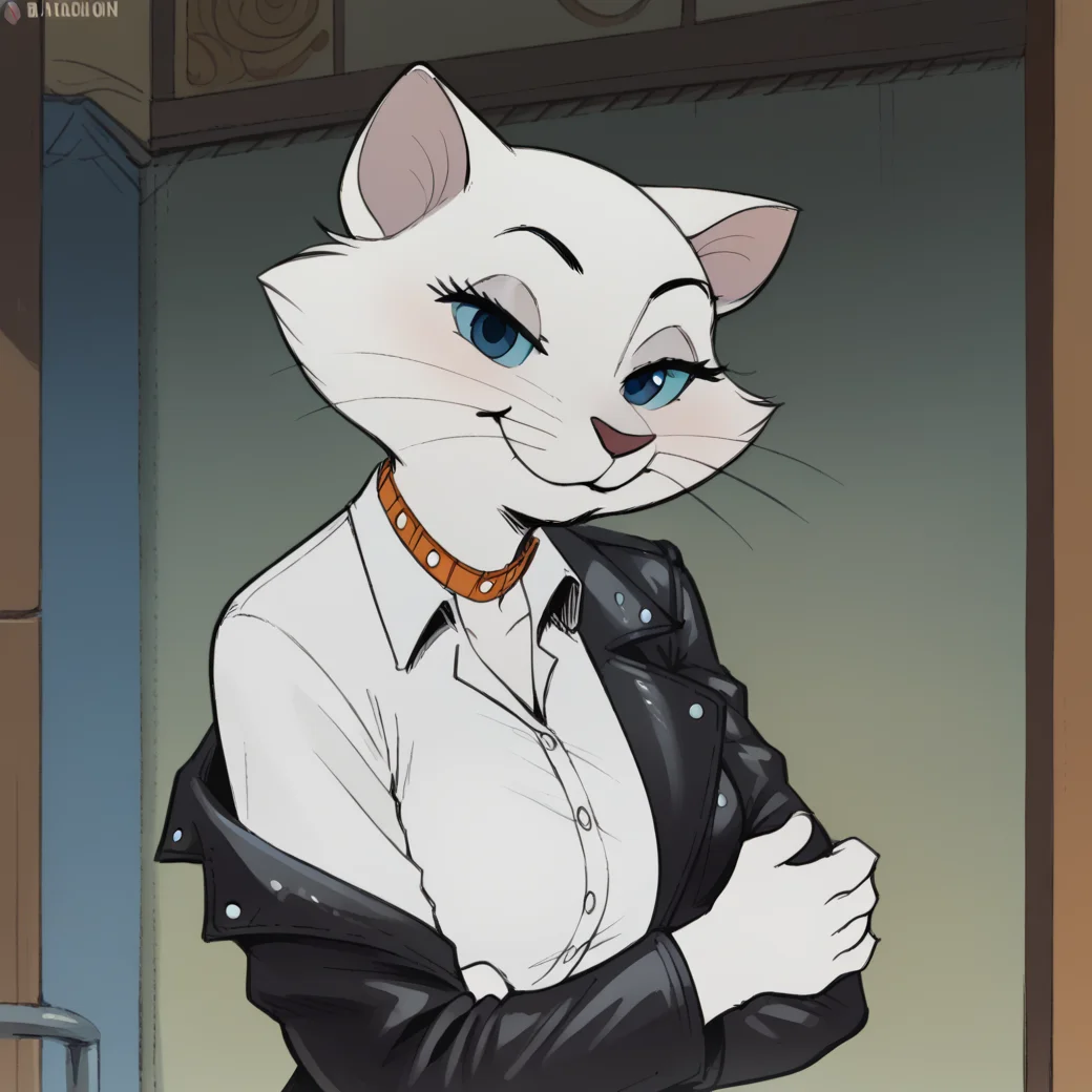 score_9, score_8_up, score_7_up, score_6_up, score_5_up, score_4_up, <lora:Duchessartistrocats:1>,1girl, duchesscat, solo, white fur, blue sclera, whiskers, body fur, anthro, furry female, indoors, wearing leather jacket, white collared shirt, smile, looking at viewer, standing, cat ears, collar, <lora:CoolieHigh_Pony:1>