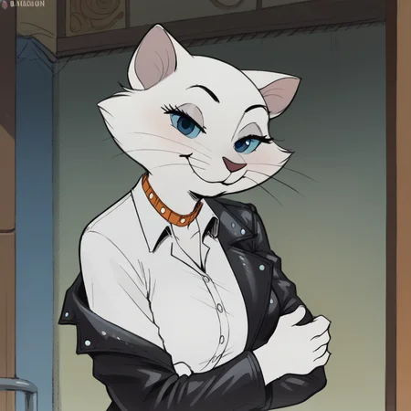 score_9, score_8_up, score_7_up, score_6_up, score_5_up, score_4_up, <lora:Duchessartistrocats:1>,1girl, duchesscat, solo, white fur, blue sclera, whiskers, body fur, anthro, furry female, indoors, wearing leather jacket, white collared shirt, smile, looking at viewer, standing, cat ears, collar, <lora:CoolieHigh_Pony:1>