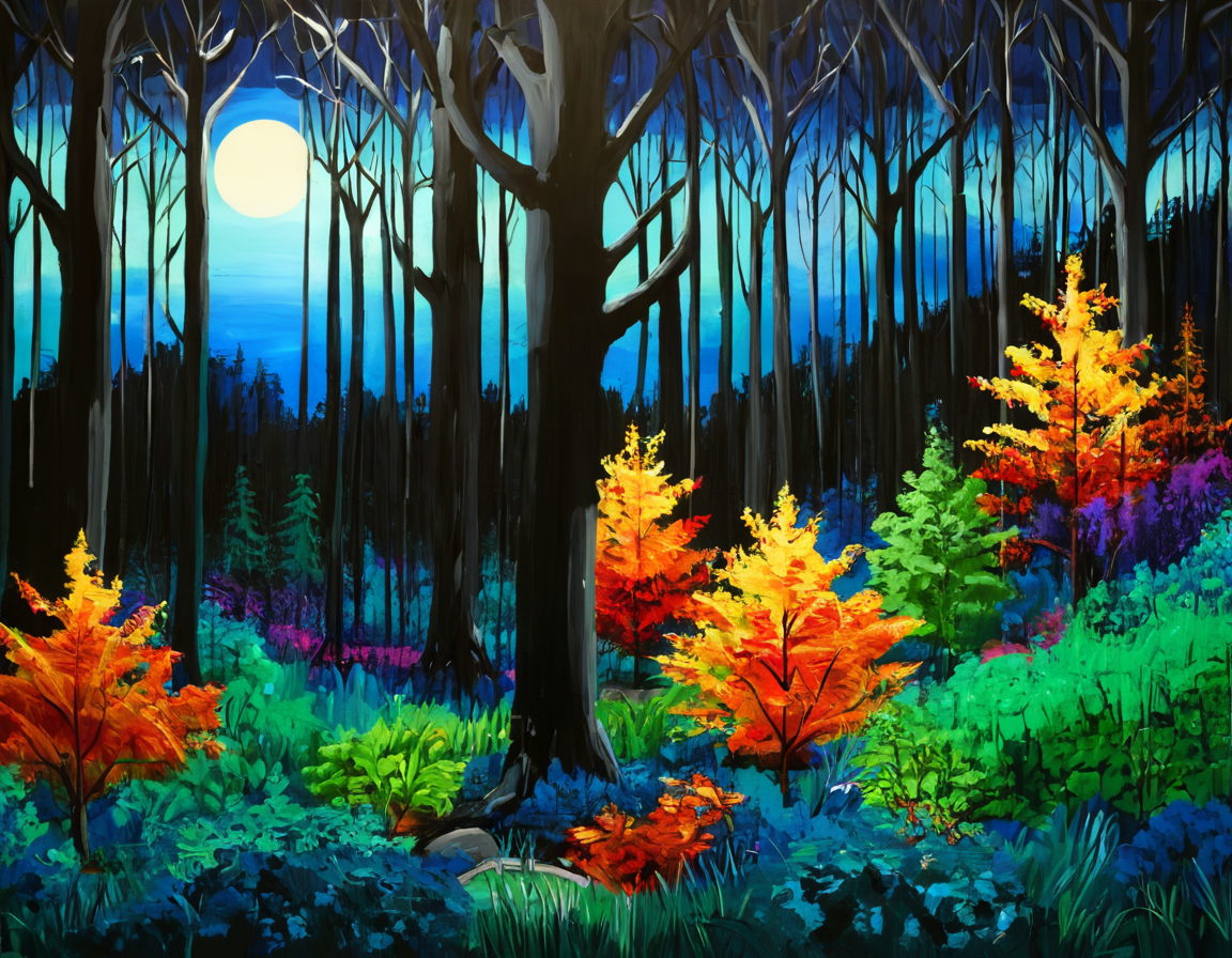 acrylic painting,darck dense forest,night ,moon, acrylic painting,darck dense forest,night,moon, heavenly, beautiful, glowing, vivid, intricate, elegant, highly detailed, cinematic, complex, vibrant colors, colorful, full color, very surreal, sharp focus, enhanced, symmetry, fine detail, open composition, artistic, professional, confident, unique, best, great, perfect, awesome,, atmosphere