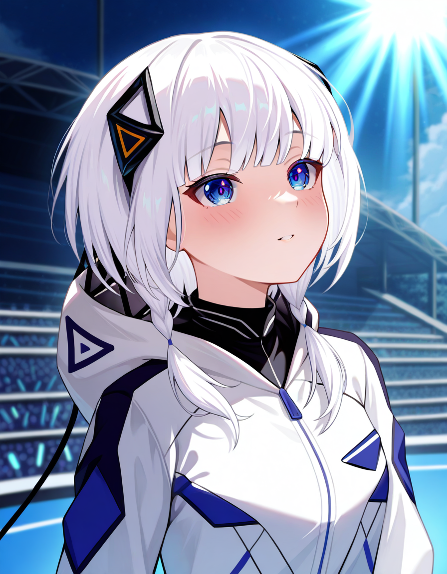 <lora:KAFU_CevioAI:1> kafu_vocal, 1girl, white hair, hair ornament, white jacket, blue eyes.  idol girl, vibrant stage performance,, masterpiece, best quality, amazing quality, very aesthetic, high resolution, ultra-detailed, absurdres, newest, scenery, depth of field, volumetric lighting, detailed eyes