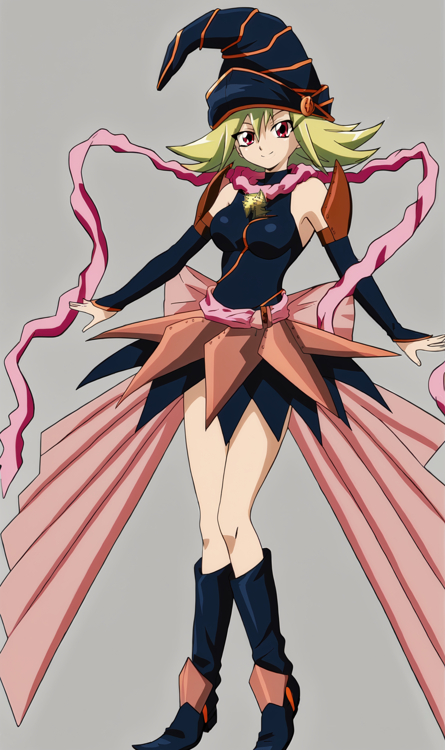 GG, 1girl, solo, light green hair, short hair, pink eyes, magician outfit, magician hat, magician skirt, magician shirt, detached sleeves, waist sash, large bow, magician boots, standing, full body, looking at viewer, smile, <lora:Gagaga Girl Pony XL:1>