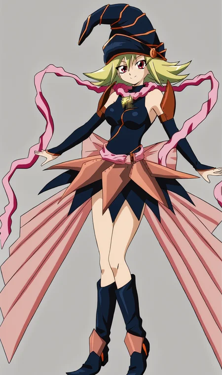 GG, 1girl, solo, light green hair, short hair, pink eyes, magician outfit, magician hat, magician skirt, magician shirt, detached sleeves, waist sash, large bow, magician boots, standing, full body, looking at viewer, smile, <lora:Gagaga Girl Pony XL:1>
