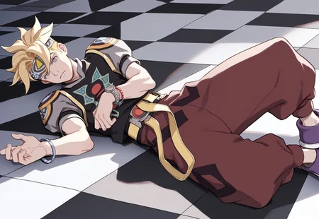 score_9, score_8_up, score_7_up, 1boy, (gradient eyes:1.5), terranigmark, spiky blonde hair, pauldrons with faces, jeweled headband, purple print shirt, gray sleeves, bracelets, belt with dangling straps, red baggy pants, purple shoes, ((checkerboard floor)), dark, shadows, lying down