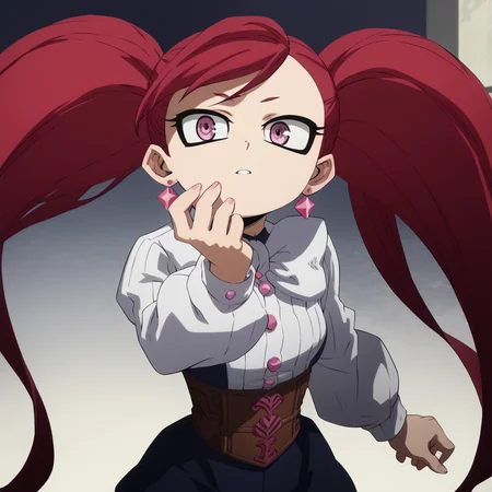 <lora:SlimesLaBrava:1>, score_9, score_8_up, score_7_up, slimes_labrava, 1girl, portrait, twintails, red hair, waist up shot, studio background