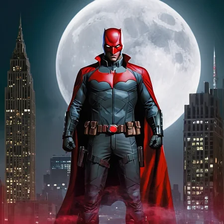 Hyperrealistic art of  <lora:Red Hood:1.2>
Red Hood a man in a red costume standing in front of a full moon in Gotham city universe, Extremely high-resolution details, photographic, realism pushed to extreme, fine texture, incredibly lifelike