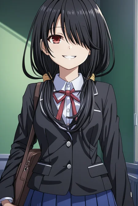 masterpiece, best quality, highres, 4k, 8k, intricate detail, cinematic lighting, amazing quality, amazing shading, soft lighting, Detailed Illustration, anime style,
kurumitokisaki, <lora:kurumi-tokisaki-s1s2-sdxl-lora-nochekaiser:0.75>,
kurumi tokisaki school uniform, long hair, skirt, black hair, red eyes, long sleeves, ribbon, school uniform, jacket, pleated skirt, bag, hair over one eye, blue skirt, blazer, school bag, black blazer, smile,
indoors, classroom,
looking at viewer, dutch angle,
