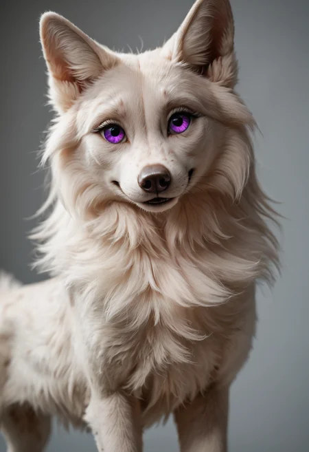 safe_pos, safe_pos, score_9, score_8_up, score_7_up, score_6_up, photorealistic, epiCPhotoGasm-colorfulPhoto, Realistic, highres, super high resolution, 4k, photo, furry, anthro, The female furry character stands at about 5'6" with a graceful and slender build. Her fur is a soft lavender hue, accented by delicate white markings that swirl around her arms and legs, resembling intricate lace patterns. She has large, expressive eyes that sparkle like amethyst, framed by long, dark lashes that enhance her captivating gaze.
Her ears are tall and pointed, with the insides a pale pink, and they twitch playfully as she listens to her surroundings. A small, delicate snout features a cute button nose and a warm, inviting smile that reveals slightly elongated canines, adding a hint of fierceness to her charm.
Flowing down her back is a luxurious mane of fluffy fur that transitions from lavender to a deep purple at the tips. Her tail is long and elegant, with a feathery tuft at the end that sways gracefully as she moves.