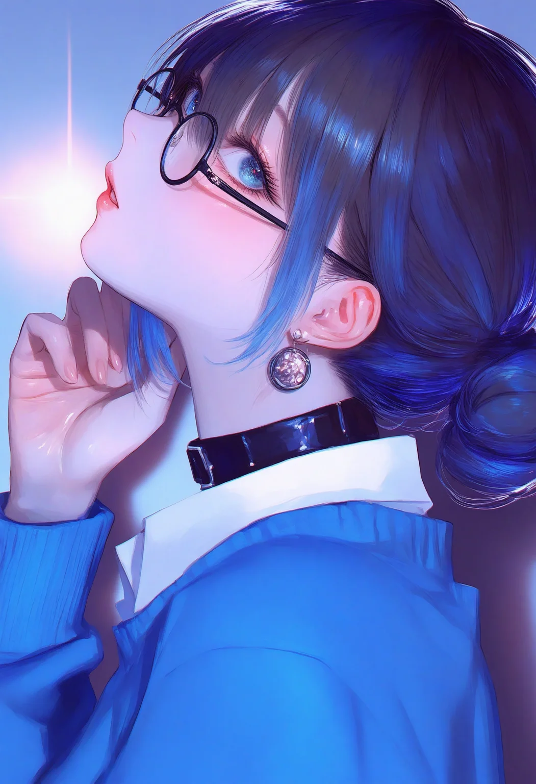 1girl,
realistic, photo background, 748cm, solo, choker, parted lips, looking at viewer, round eyewear, glasses, blue theme, earrings, jewelry, blue eyes, short hair, hair bun, black choker, blue background, upper body, blue hair, shirt, sweater, from side, single hair bun, hair between eyes, sidelocks, profile, looking up, portrait, adjusting hair, hand up, black-framed eyewear, eyelashes, lips, white shirt, nose, blue sweater,
a digital illustration by the artist mhk (mechamania), known for their distinctive style. It features a young woman with striking blue eyes and short, dark hair tied into a bun. She is captured in profile, her gaze directed towards the viewer, creating an engaging and intimate connection. The overall composition emphasizes the subject's contemplative expression and the artist's skillful use of color and lighting to create depth and emotion.
masterpiece, best quality
<lora:748cm-NoobEPS100-lokr-v03-000080:1>