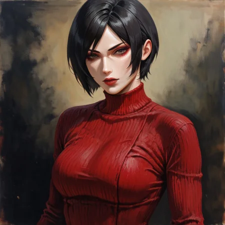 masterpiece, best quality, newest, absurdres, highres, GOTPV1.0, oil painting (medium), 
1girl, Ada_wong, \(resident evil\), asian, asian female, short hair, black hair, sweater, red sweater,