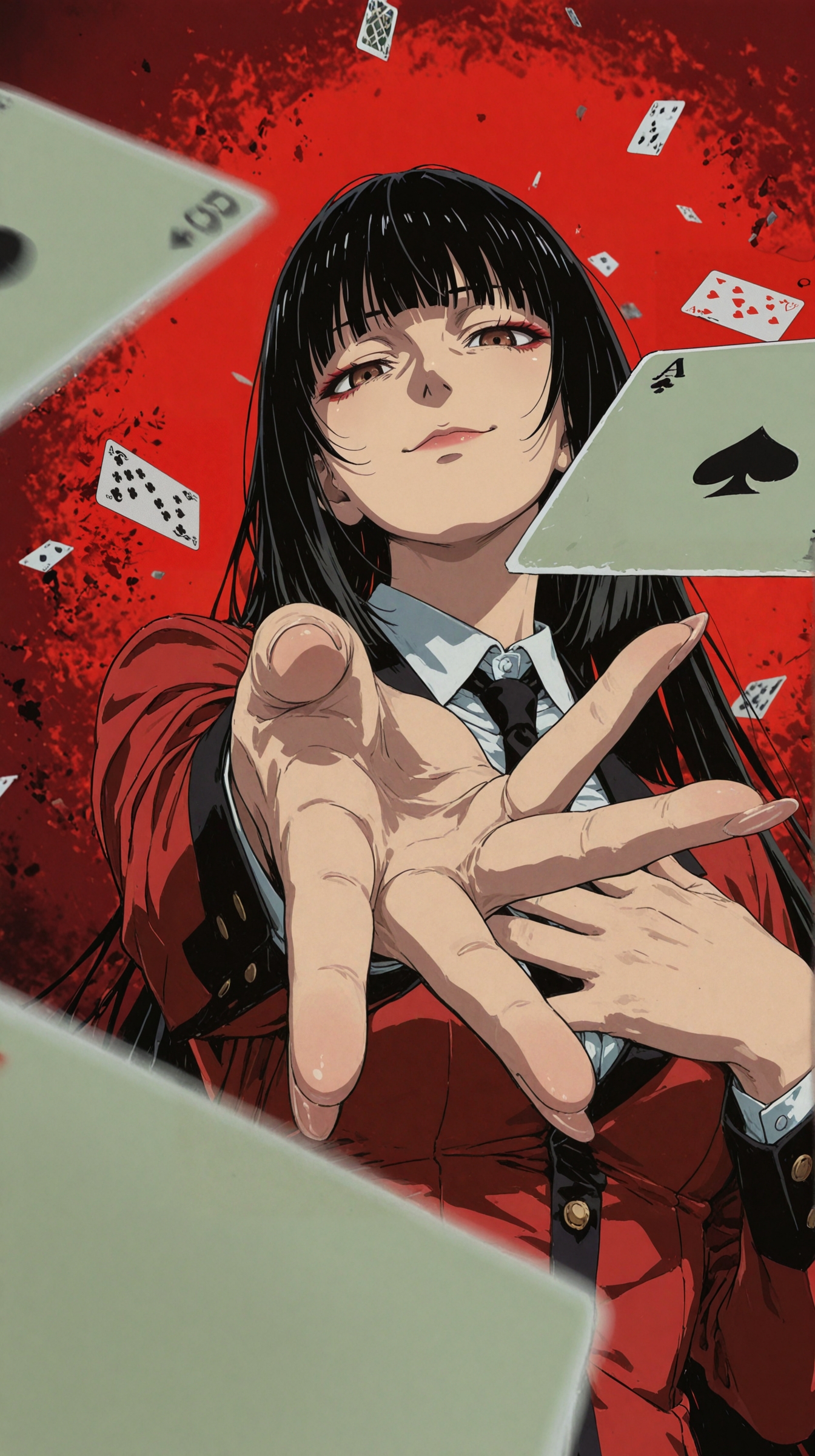 1girl, solo, kakegurui, jabami yumeko, black hair, hime cut, long sidelocks, bangs, brown eyes, detailed eyes, red eyeshadow, 
school uniform, red blazer, white shirt, gold buttons, black necktie, 
reaching out, reaching towards viewer, dramatic pose, throwing cards, playing cards, floating cards, ace of hearts, ace of spades, ace of diamonds, perspective distortion, close-up hand, hand focus,
confident expression, seductive look, looking at viewer, slight smile,
red background, motion blur, shallow depth of field, blurred background,       
masterpiece,best quality,amazing quality,very aesthetic,absurdres,newest, anime coloring, flat color