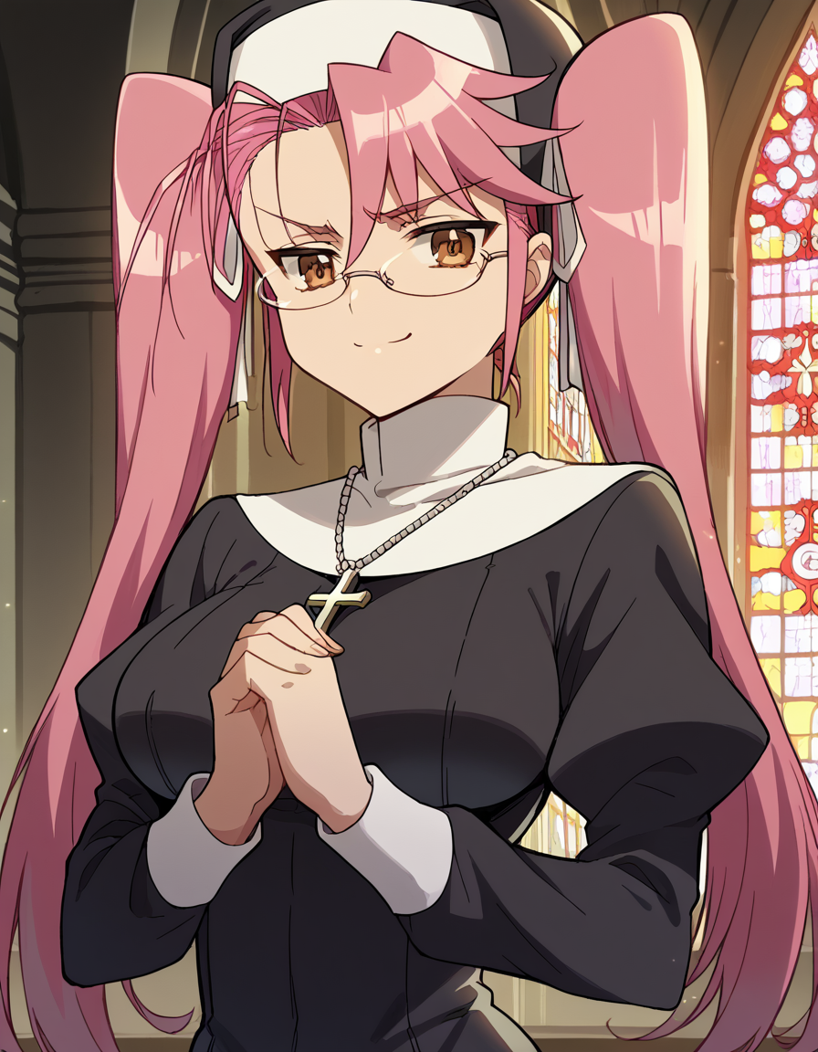 score_9, score_8_up, score_7_up, source_anime, sayatakagi, <lora:saya-takagi-ponyxl-lora-nochekaiser:1>, saya takagi, long hair, ribbon, twintails, brown eyes, hair ribbon, pink hair, glasses, large breasts,, <lora:traditional-nun-ponyxl-lora-nochekaiser:1>, traditional nun, nun, habit, long sleeves, dress, black dress, jewelry, black veil, cross, cross necklace,, church, smug, praying,, cowboy shot