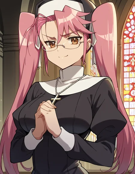 score_9, score_8_up, score_7_up, source_anime, sayatakagi, <lora:saya-takagi-ponyxl-lora-nochekaiser:1>, saya takagi, long hair, ribbon, twintails, brown eyes, hair ribbon, pink hair, glasses, large breasts,, <lora:traditional-nun-ponyxl-lora-nochekaiser:1>, traditional nun, nun, habit, long sleeves, dress, black dress, jewelry, black veil, cross, cross necklace,, church, smug, praying,, cowboy shot
