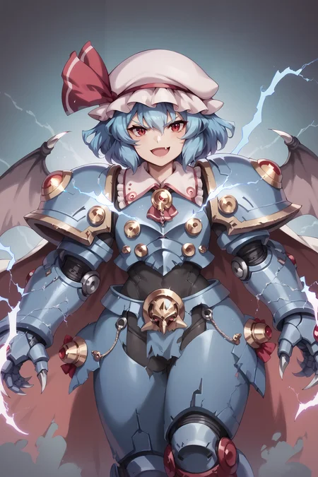 score_9, score_8_up, score_7_up, score_6_up,
anime coloring, NightL40K, 1girl, (wearing power armor:1.2), remilia scarlet, wings, blue hair, bat wings, mob cap, fang, red eyes, simple background, looking at viewer, pink headwear, smile, ribbon, hat ribbon, red ribbon, short hair, wearing power armor, jetpack, cape on her back, night, gothic, electricity, claws, power claws, lightning claws, glowing,