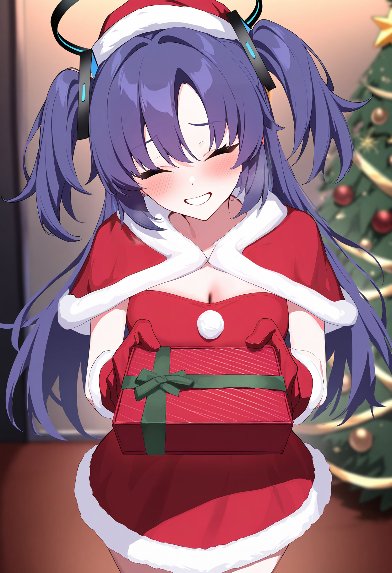 1girl,solo,yuuka \(blue archive\),alternate costume,<lora:ulrich style locon V pred Ver-Test:1>,ulr1ch style,medium breasts,santa costume,smile,happy,closed eyes,head tilt,looking at viewer,standing,incoming gift,holding gift,gift box,masterpiece,best quality,newest,highres,very awaTop,cowboy shot,christmas,christmas tree,indoors,