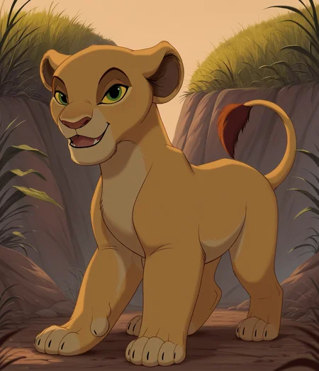 score_9, score_8_up, score_7_up, score_6_up, rating_safe, source_furry, disney, <lora:The_Lion_King_-_Lioness:1> <lora:chibifurry:0.56>
(the lion king:1.2), lioness, (young nala), standing, solo, cute, feral, (4 toes), paws, green eyes, (lidded eyes:1.0), cub, (smile:0.3), open mouth, fang, white teeth, playful, looking at viewer, (dewclaw:0.5)
