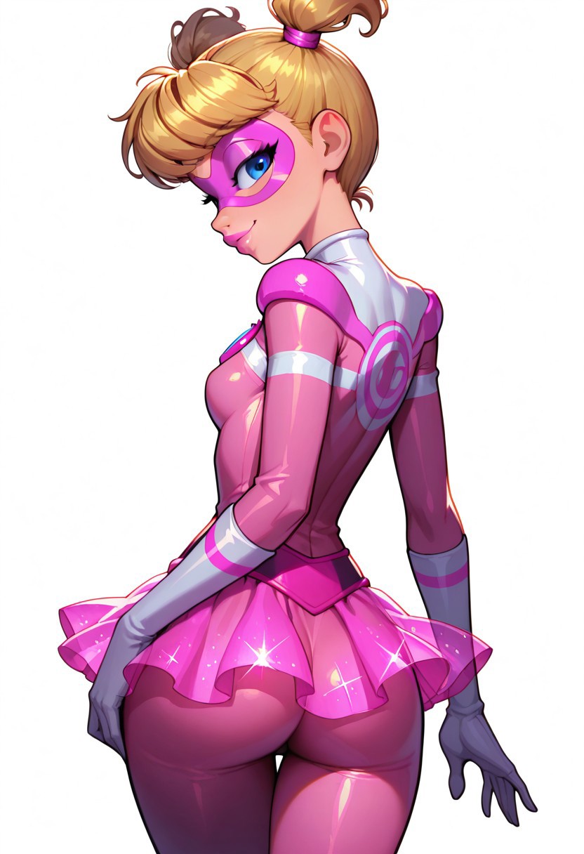 , vivid colors,, masterpiece, best quality, high quality, high resolution, (perfect lips,  perfect eyes,  perfect body), BREAK, 1girl, solo. (Pigella, blonde hair, blue eyes, twintails, short twintails, bangs, pink lipstick, eyelashes, superhero, mask, domino mask, bodysuit, sparkly pink bodysuit, magenta lines, white-necked upper chest, white stripes, pink skirt, transparent skirt, mini skirt, white stripes, swirly pattern on her chest, skin tight, small perky breasts, wide hips, slim waist), seductive smile, ass back view, , looking at view, dynamic pose,  BREAK, simple background, colorful background, pink background, white background,