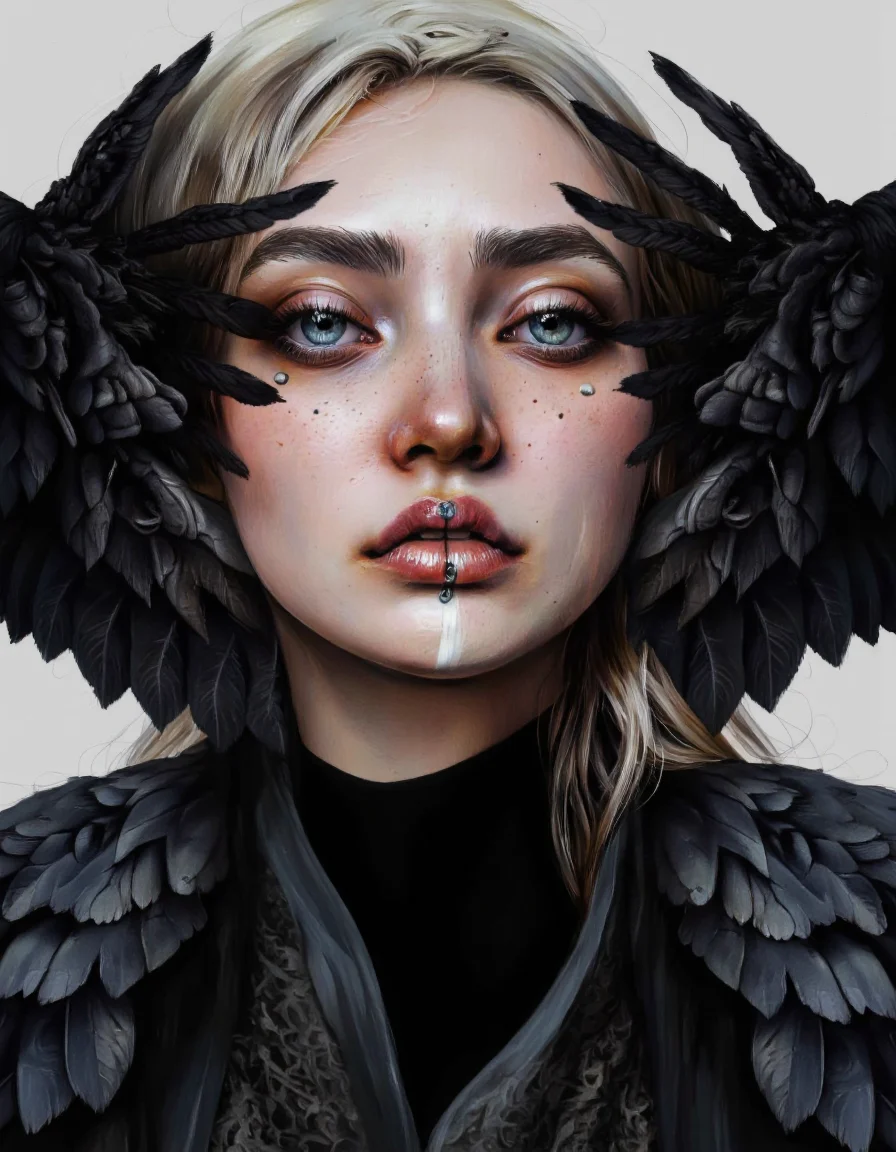By Laura H. Rubin. A highly detailed digital artwork featuring a close-up portrait of a woman with an ethereal, almost otherworldly aesthetic. The subject's face is partially obscured by large, dark, feathery wings that wrap around her head and shoulders, casting dramatic shadows and adding a sense of mystery. Her skin is pale, with a slight sheen, and she has striking, almond-shaped eyes with a hint of green and a dramatic, winged eyeliner. Her lips are full and painted a deep, rich red, with a small, silver piercing on her lower lip.
Her nose is adorned with a small, silver nose ring, and her cheeks have a few freckles. She wears a black, form-fitting top, which contrasts sharply with the dark feathers, adding to the dramatic effect. The background is a simple, light gray, ensuring that the focus remains on the subject. The lighting is soft and directional, highlighting the texture of the feathers and the smoothness of her skin. The overall style is a blend of realism and fantasy, with a focus on detailed textures and shadows, creating a visually striking and evocative image. <lora:Laura_H._Rubin_II:0.8>