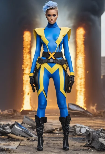 1girl, fashion, high quality photo, Runway fashion, beautiful model, striking features, strange outfit colored blue yellow and black, X-Men logo belt,sfw, battle stance, glowing eyes, battlefield, burning rubble