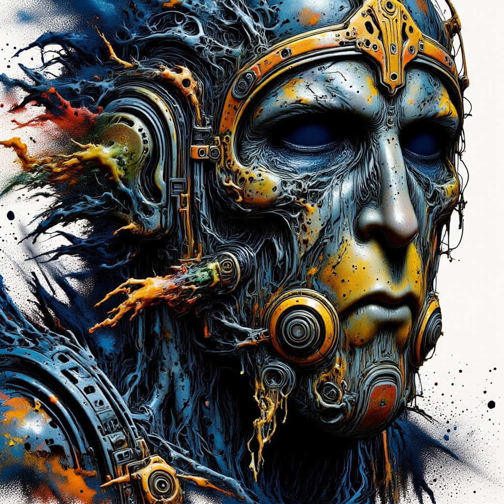 Zombie soldier wearing a biohazard gas mask, black and gold filigree, navy and gold vapor swirls, details in details