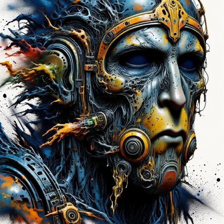 Zombie soldier wearing a biohazard gas mask, black and gold filigree, navy and gold vapor swirls, details in details