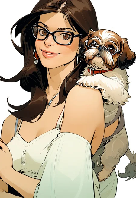 NijiEX style illustration. Close up of a girl holding a shih tzu in her arms, glasses. Long flowing brown hair, brown eyes.Style by Masamune Shirow.
