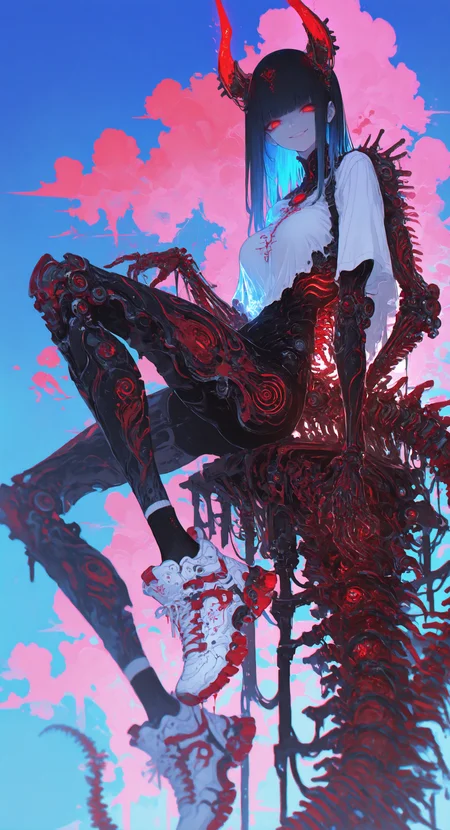 masterpiece, best quality, good quality, newest, highres, absurdres, (damctyle:1.3),((dramatic angle,dynamic angle,dynamic pose:1.3), 1girl, long hair, buble background, solo, blue hair, blood, spine, Seductive smile, simple background, shoes, looking at viewer, chromatic aberration, ringed eyes, white footwear, sneakers, shirt, white shirt, socks, film grain, bangs, This image is a striking piece of digital art in a cyberpunk style, featuring a mecha-maiden (a fusion of human and mechanical elements) with a powerful and dominant presence. The character has long, straight black hair with a few mechanical, glowing red accents. She is wearing a form-fitting black bodysuit with intricate, metallic designs and a red gem on her forehead, which emits a soft glow. Her large breasts are prominently outlined under the suit, contributing to her sensual and commanding appearance. She has a mechanical tail and a complex array of mechanical arms and appendages that curve menacingly around her body, with glowing red accents. Her eyes are an intense red, matching the glowing parts of her body. She also has mechanical horns protruding from her head, enhancing her fierce and robotic aesthetic. The background is a gradient of blue sky and pinkish clouds, giving a contrast to her dark attire and mechanical features. The lighting in the image is a mix of natural daylight and artificial, glowing elements, creating a high-contrast and dynamic atmosphere. The camera angle is a low, upward shot, making the character appear even more imposing and powerful. The depth of field is shallow; the background is subtly blurred, focusing attention on the mecha-maiden. The overall composition and color scheme emphasize the futuristic and otherworldly nature of the character., melanch0ly,xxx667_illu, glowing <lora:illustriousXL_stabilizer_v1.23:0.3> <lora:NOOB_vp1_detailer_by_volnovik_v1:0.3> <lora:ponyv6_noobE11_2_adamW-000017:0.3> <lora:XXX667:0.6> <lora:GENESIS_MK0.2:0.6> <lora:mon_monmon2133:0.5> <lora:r17329_illuu:0.5>