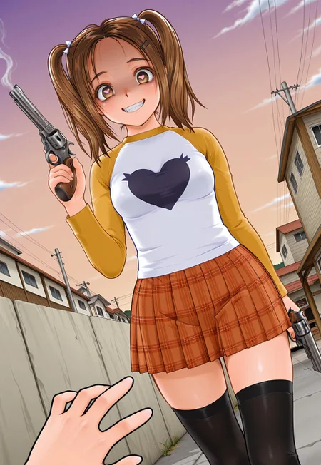 Lazypos, 1girl, outdoors, busy hour city, AyumiGold, 1girl, twin tails, brown eyes, plaid skirt, raglan sleeves, thighhighs, holding a old gun, revolver, rubbing the gun barrel with a hand, yandere face, evil smile, teeth, grin, glowing, glowing_eyes, dutch angle, (pout:0.9), heart-shaped pupils, [crazy eyes], cg, masterpiece, 8k, meme,
