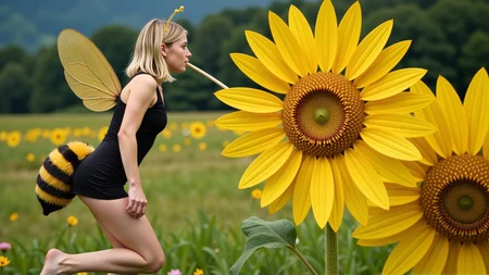 cinematic photo a (25 year old girl:1.5), she has huge bee wings attached to her back and bee antennae attached to her head, she's wearing a( black and yellow:1.2) horizontally striped figure hugging lycra minidress, the dress has a human sized (fuzzy bee abdomen attached sticking out at the butt:1.3)
she has blonde hair in a bob cut, she has a slim figure and long legs, she has medium sized breasts
she's hovering in midair in front of a enormous flower, the flower is bigger than the girl, ready to drink it's nectar through a long straw, the straw is held in her hand with the end (stuck into the flower:1.3)
she's in a meadow of enormous wild flowers,, score_9, score_8_up, score_7_up, hyperdetailed, hyperrealistic,  best quality, (masterpiece:1.3),high-definition, intricate details, volumetric lighting, symmetrical face, level eyes, . 35mm photograph, film, bokeh, professional, 4k, highly detailed