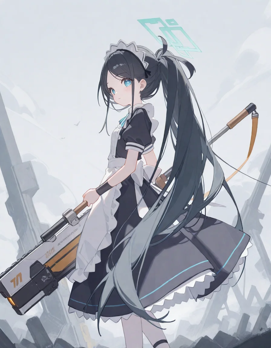 1girl, ciloranko, ningen mame, aris \(maid\) \(blue archive\), (holding railgun, railgun, holding weapon, weapon:1.2),
very awa, masterpiece, best quality, amazing quality, absurd res, hi res, highres, tianliang duohe fangdongye <lora:748cmSDXL:0.1> <lora:H4ru_style:0.4> <lora:ma1ma1helmes_b:0.1> <lora:NanmoKaken:0.3> <lora:noobai_vpred_1_masterpieces_v23:1>