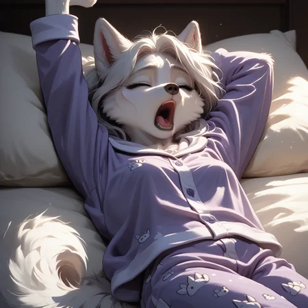 score_9, score_8_up, score_7_up, best quality, expressive eyes, perfect face, furry, BREAK, female, Husky, ((white fur)), husky tail, small breasts, long white hair, feminine build, blue eyes, soft smile, BREAK, wearing a purple pajamas, laying in bed, stretching, yawning, bedroom, cute decor, dim lighting from a nightlight,