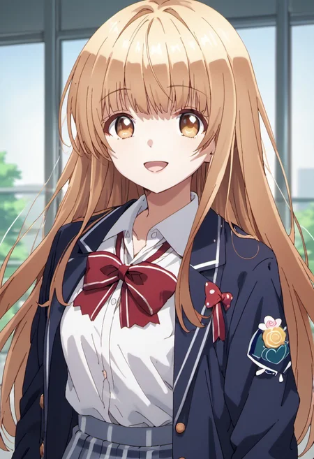score_9, score_8_up, score_7_up, source_anime,mahiru shiina, blonde hair, long hair, caramel eyes, 1girl, solo, bow, smile, school uniform, red bow, jacket, open mouth, shirt, white shirt