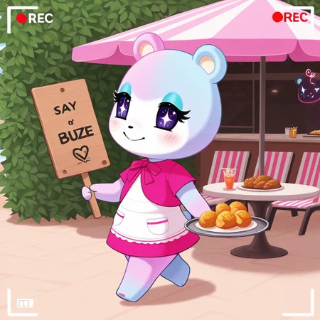 best quality, masterpiece, Full Body, Romantic, Small, Body, Furry, judyac, animal crossing, 1girl, solo, furry, bear, two-tone fur, light pink fur, light blue fur, white muzzle, purple eyes, star pupil, blush, blue eyeshadow, pink dress, beach, restaurants, serving food, carry tray, walking, outside lobby, board walk, beach chair, beach table, umbrella, recording, sign of buzz, sign said buzz sign writing say buzz, smile, holding a sign, sign said " free_buzz_food", writing buzz