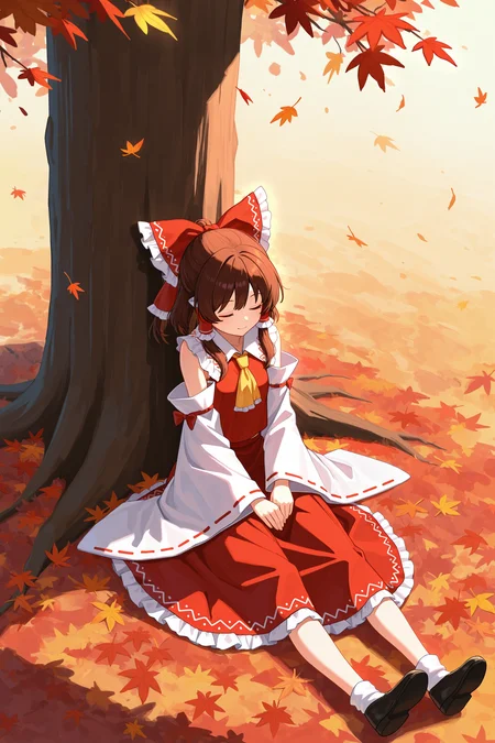 masterpiece, best quality, absurdres, safe
1girl, sitting, outstretched legs, on ground, full body,
against tree, smile, hakurei reimu, sleeping, autumn leaves, 
<lora:outstretched_legs_il_2_v2_final:1>