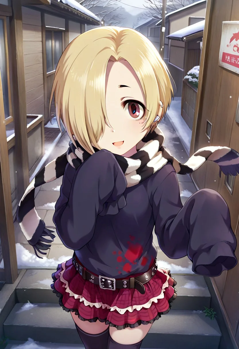 masterpiece,best quality,amazing quality, shirasaka koume, blonde hair, hair over one eye, short hair, brown eyes, 1girl, solo, scarf, skirt, thighhighs, smile, open mouth, looking at viewer, striped, belt, black thighhighs, sleeves past wrists