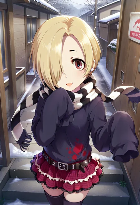 masterpiece,best quality,amazing quality, shirasaka koume, blonde hair, hair over one eye, short hair, brown eyes, 1girl, solo, scarf, skirt, thighhighs, smile, open mouth, looking at viewer, striped, belt, black thighhighs, sleeves past wrists
