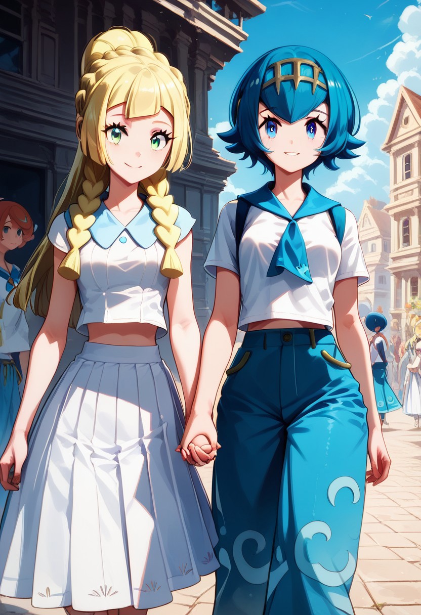 score_9, score_8_up, score_8, medium breasts, (curvy), cute, eyelashes,    
LllLn, 2girls,  zzLana, yellow hairpiece, blue hair, white shirt, sleeveless shirt,  sailor collar, blue pants, baggy pants, zzlillie, long hair, French braid, white shirt, short sleeves, white skirt, pleated skirt,  
smile, 
walking, looking at each other, holding hands, talking, highly detailed, intricate, zzCitronLegacy, village, crowd, cowboy shot,   
zPDXL, Expressiveh,