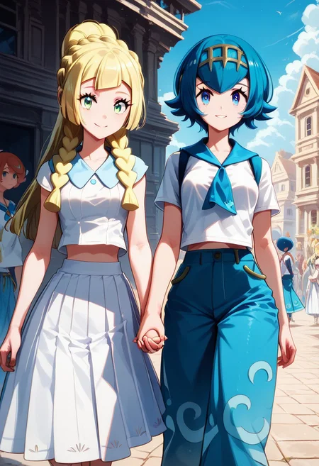 score_9, score_8_up, score_8, medium breasts, (curvy), cute, eyelashes,
LllLn, 2girls, zzLana, yellow hairpiece, blue hair, white shirt, sleeveless shirt, sailor collar, blue pants, baggy pants, zzlillie, long hair, French braid, white shirt, short sleeves, white skirt, pleated skirt,
smile,
walking, looking at each other, holding hands, talking, highly detailed, intricate, zzCitronLegacy, village, crowd, cowboy shot,
zPDXL, Expressiveh,