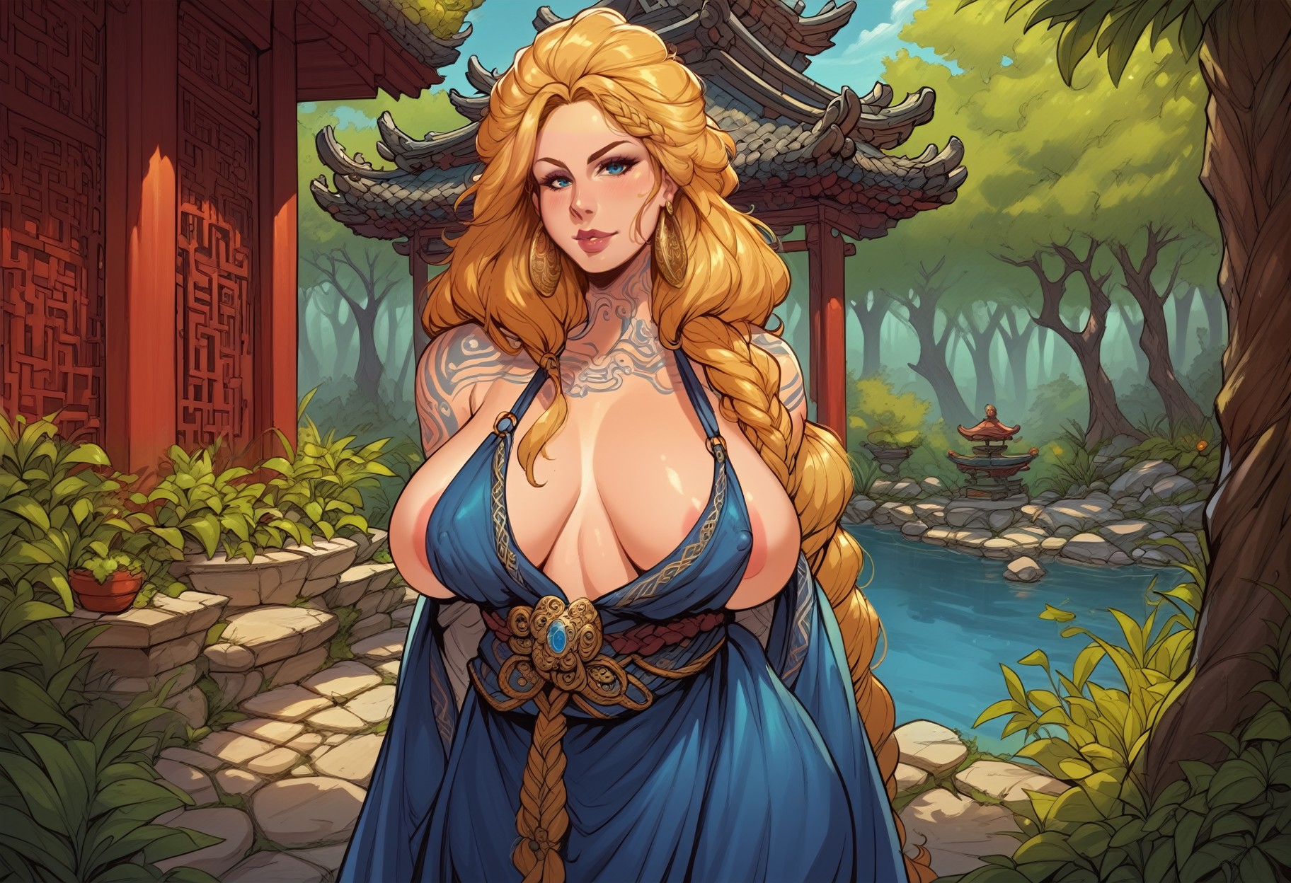score_9, score_8_up, score_7_up, score_6_up, solo, blue dress, areola slip, Mature Woman, Sif (God of war), Very Long Hair, Golden blonde Hair, one big Braid, blue eyes, makeup, golden hoop earrings, sagging breasts, erect nipples under clothes, OverallDetailXL, in a garden, tradchn, shrine, outdoors, scenery, detailed background, <lora:kok:0.65> <lora:ReiqLycoXL:0.8> <lora:tradchn:1>