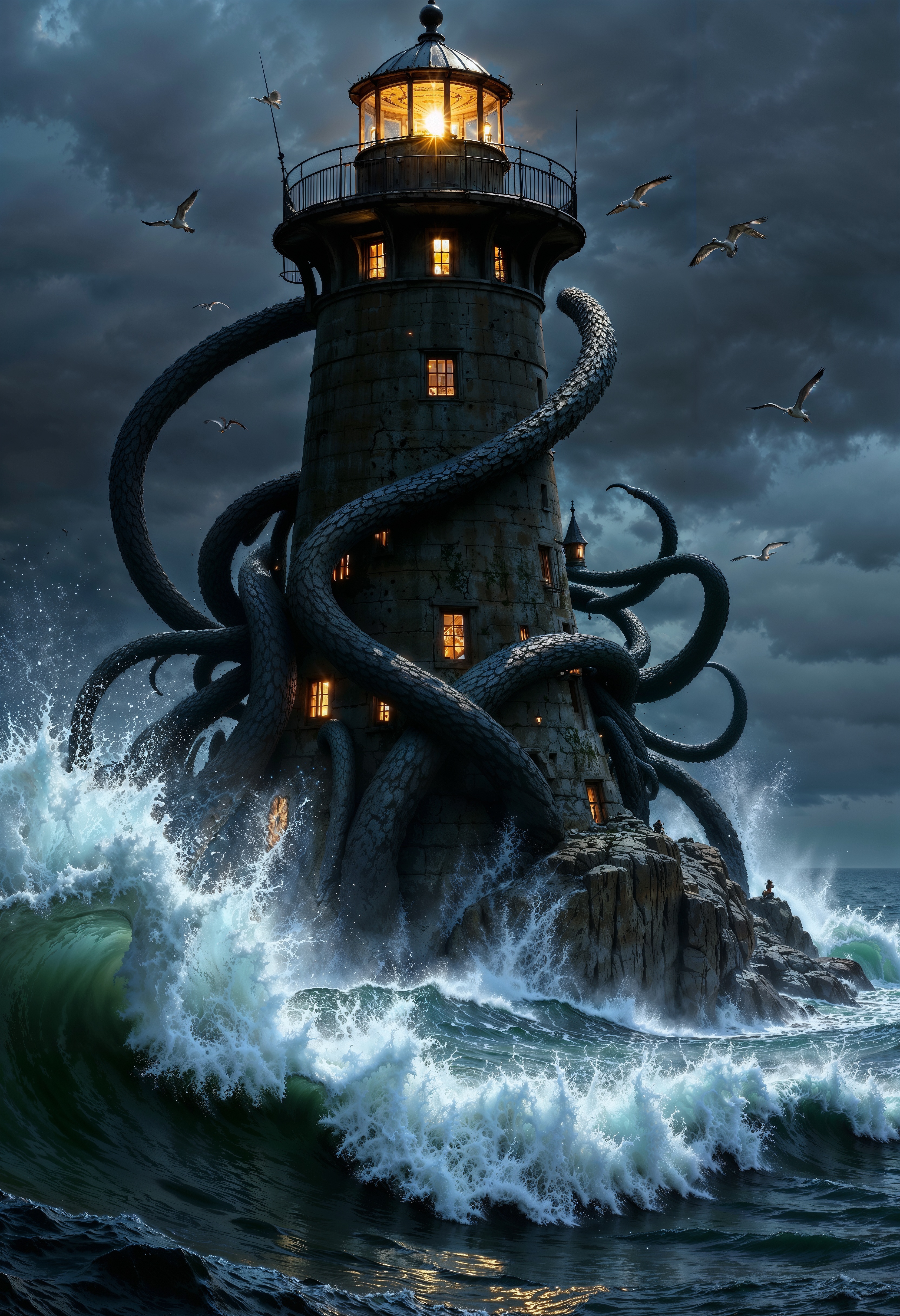 a dramatic scene of a lighthouse being engulfed by a stormy sea. The lighthouse is cylindrical, with a dark, weathered exterior and multiple lit windows glowing warmly against the tumultuous backdrop. Large, menacing tentacles, presumably from a sea creature, wrap around the structure, adding a sense of danger and fantasy. The ocean waves crash violently against the lighthouse, with white foam and spray captured in dynamic motion. The sky is overcast, with dark clouds contributing to the ominous atmosphere. Seagulls are visible, flying amidst the chaos, adding a sense of scale and realism to the scene. The overall color palette is dark and moody, with deep blues and grays dominating, contrasted by the warm yellow light from the windows. <lora:FluxMythP0rtr4itStyle:0.6>  <lora:Elden_Ring_-_Yoshitaka_Amano:0.33>  <lora:flux.1_lora_flyway_Epic-detail_v2:0.6>