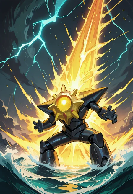 masterpiece, best quality, <lora:StaryuPokedexIXL:1.0>, zzStaryu, caught in the middle of a violent ocean storm, waves crashing around, glowing golden core flickering in the darkness, lightning illuminating the sky, wet metallic sheen reflecting the stormâs energy, resilient and determined stance