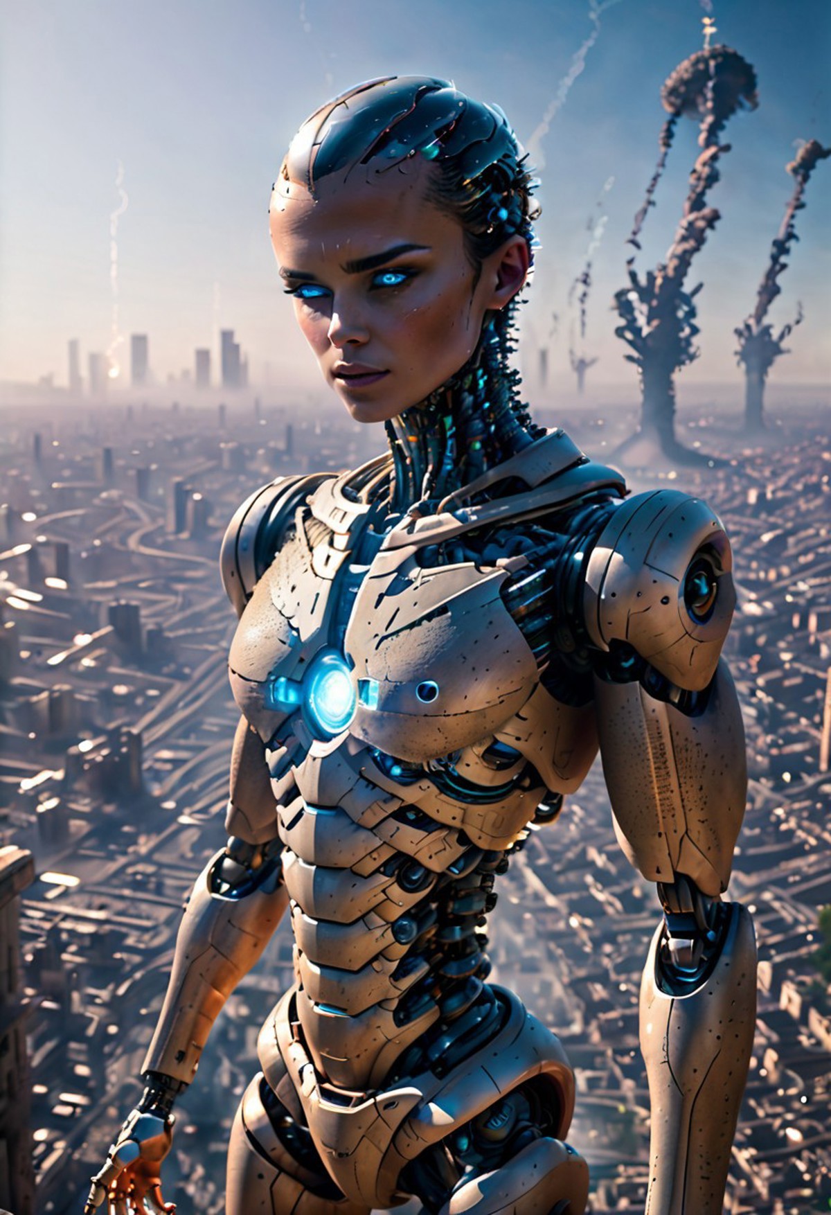realistic image with morning high quality on the subject of the world ruled by artificial intelligence in the future, visualization of the life of people ruled by AI
