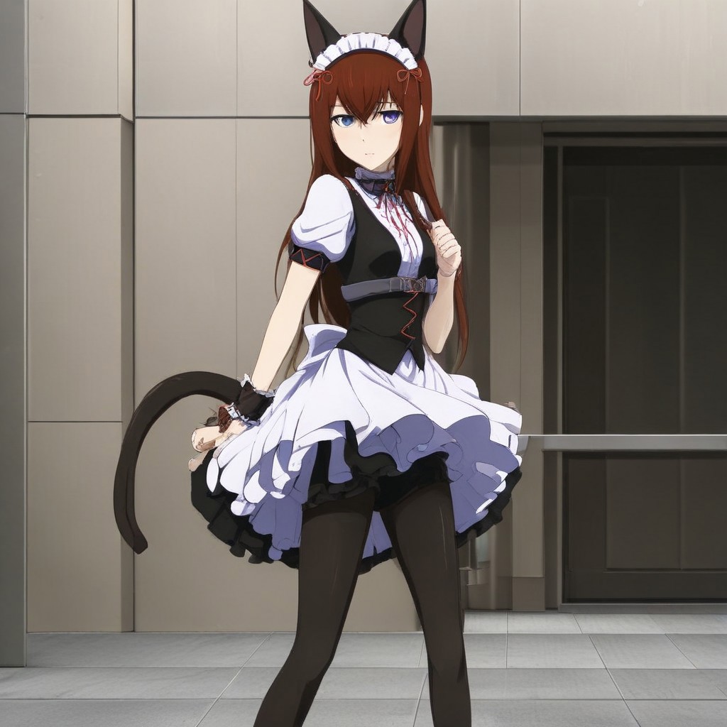 anime style , maid outfit , A cute and beautiful image of Makise Kurisu in maid outfit making a cat pose , ribbon , sexy legs , naughty pose