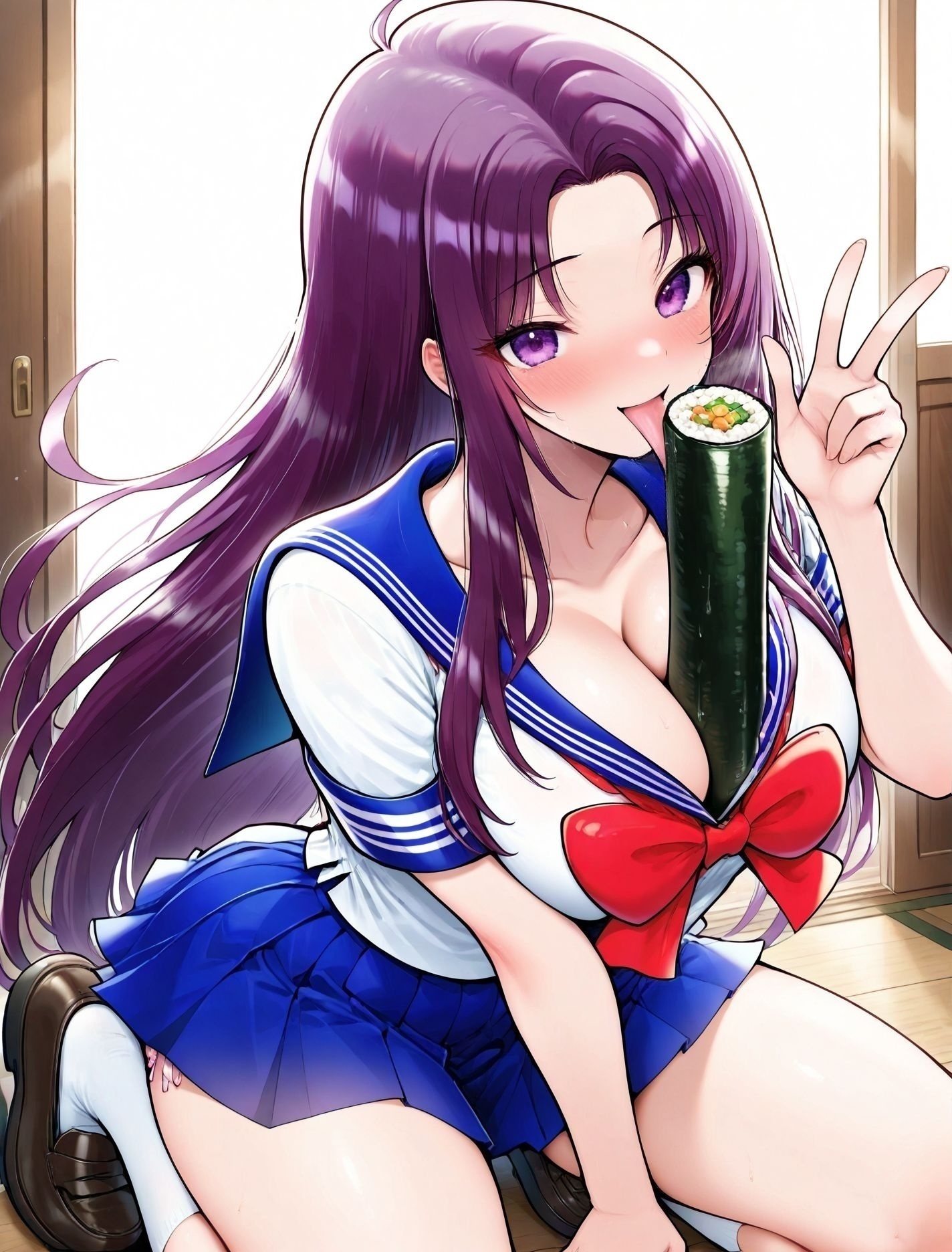 masterpiece,best quality,amazing quality,very aesthetic,absurdres,newest, huge filesize,
<lora:spo_sdxl_10ep_4k-data_lora_webui:0.5>,
<lora:add-detail-xl:1>
<lora:Ehomaki:1>EhomakiV1,
1girl,breasts,
makizushi,food,
sushi,sexually suggestive,
solo,
large breasts,breasts squeezed together, 
paizuri ehomaki,ehomaki,
licking ehomaki,
<lora:izuna_ILL_v3:1>izuna,1girl,solo,long hair, very long hair,(purple hair, purple eyes),(skirt, shirt, cleavage, short sleeves, school uniform, serafuku, white shirt, pleated skirt, blue sailor collar, miniskirt, blue skirt,red bow,white socks,black loafers),big breasts, w,pink panties,lace panties,skirt,,wind,floating hair,female blush,smile, cleavage,