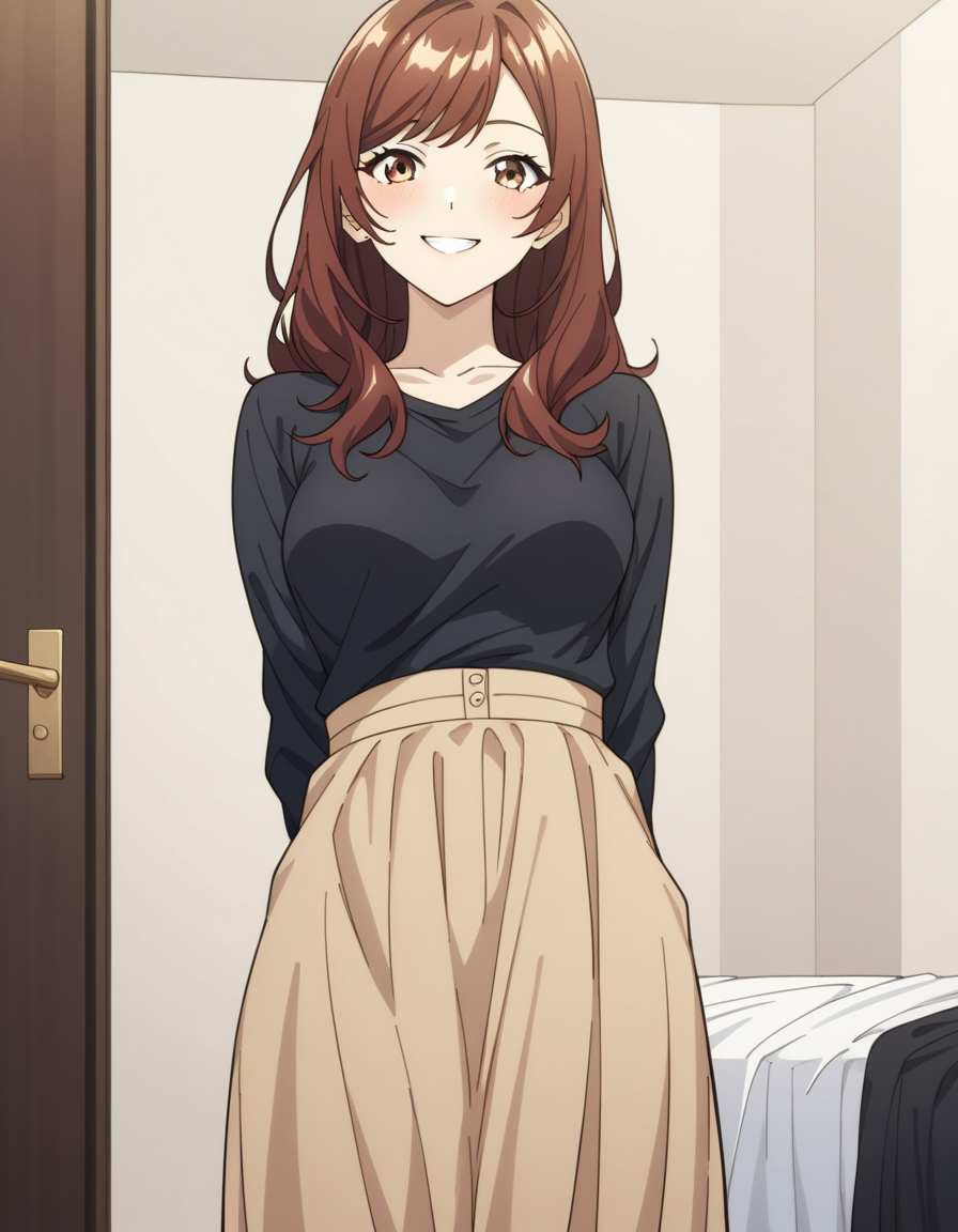 score_9, score_8_up, score_7_up, source_anime, uncensored, <lora:StS_detail_slider_v1:3>, zPDXLxxx, <lora:Miu_Midou_PONYXL_VexVexX:1>, MiuMidou, brown eyes, brown hair, red hair, long hair, bangs, medium breasts, black shirt, long skirt, brown skirt, cowboy shot, bedroom, from front, standing, hands behind back, looking at view, thighs, smile,