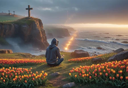 jaynl-tm, made of tulips, my broken dreams, cliffside, 1boy, waves, water, golden hour, cross, holding, rosary, hoodie, jeans, rocks, grass, fog, wreckage, lost in thought,