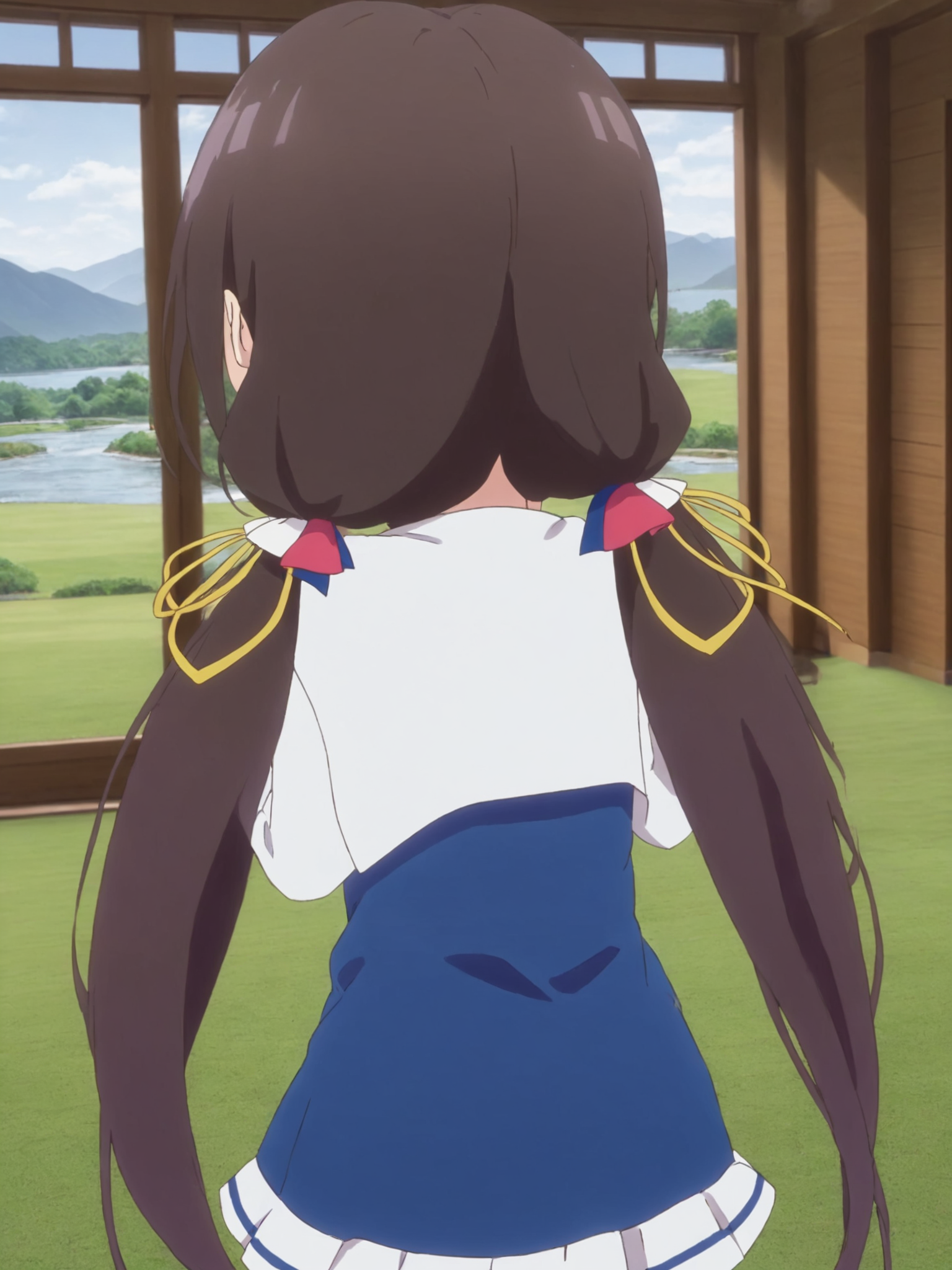 1girl,blue eyes,facing viewer,from behind,hair ribbon,hinatsuru ai,indoors,looking at viewer,low twintails,school_uniform_dress,solo,white short over long sleeves,white sleeves,yellow ribbon,park,grass,river,mountain,from behind,<lora:Hinatsuru ai[winter]-SDXL-lora-2024.10.20-version1-000033:0.55>,