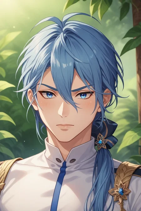 score_9, score_8_up, score_7_up, , rating_safe, , anime screencap, , , , depth of field, 1boy, solo, male focus, <lora:edmond_nu_carnival_pony:0.92>, edmond_nu_carnival, blue hair, blue eyes, long hair, hair between eyes, low ponytail, , , <lora:sdxl_lightning_8step_lora:1>