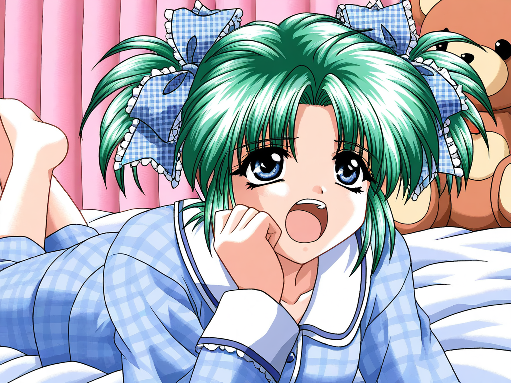 general,highres, ultra-detailed,very aesthetic,best quality ,best hands, BREAK <lora:Minase_Ruka_Akumu_AoiKajitsunoSange_IS:1>
Minase_Ruka, 1girl, solo, green hair, short twintails, blue eyes, hair ribbon, blue plaid ribbon, 
blue pajamas, long sleeves, pajamas, teddy bear, on bed, shirt, hand up, curtains, polka dot,
Yawn,