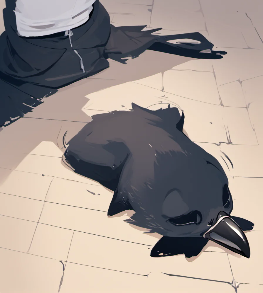 score_9, score_8_up, score_7_up, high res:1.5, digital media (artwork), lineless:1.5, motion lines, avian, crow, beak, black skin, male, <lora:Suiting_and_Masking:1> lying, costume on floor, high-angle view